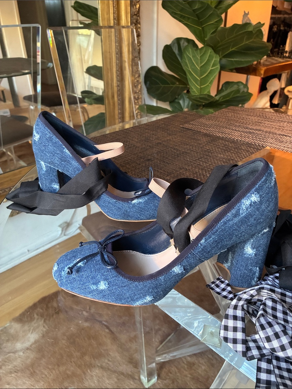 Miu Miu Distressed Denim Ribbon Block Heel Pumps in Blue size 7.5